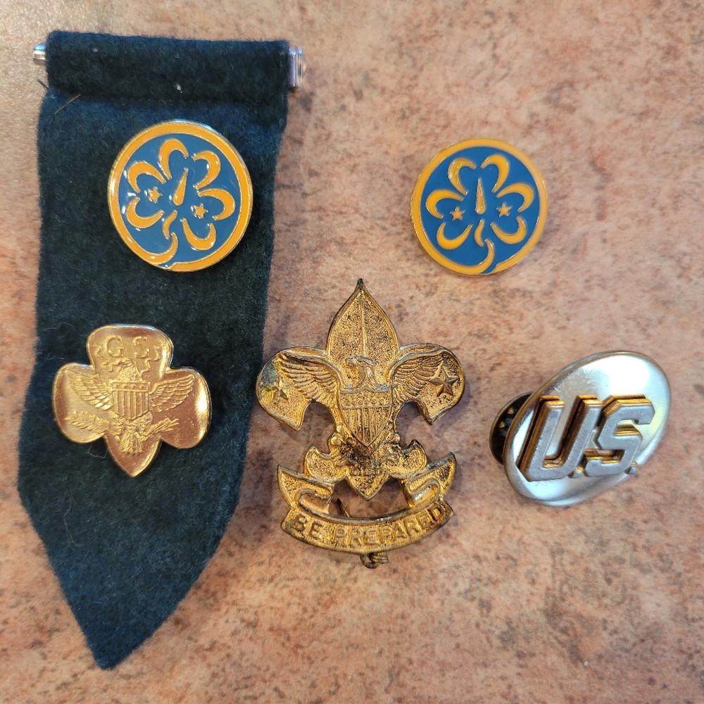 Girl & Boy Scout Pins ~ U.S. Military (?) Pin ~ Crafting Re-purpose ~ Vintage?